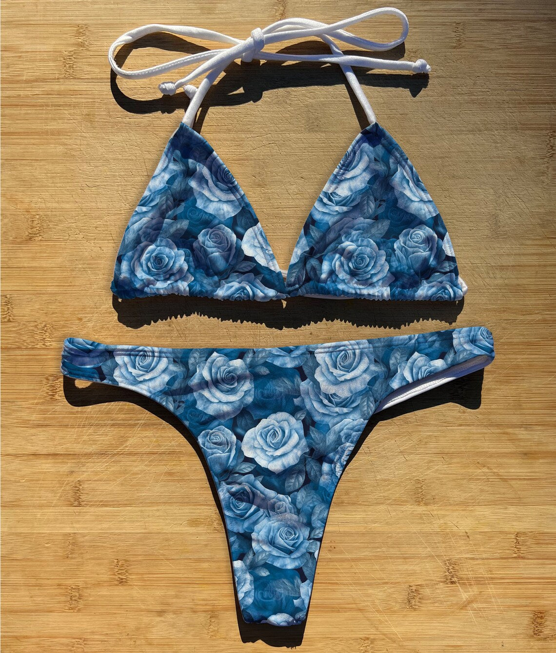 Denim Roses - Swimwear Bikini 2 Piece Set | Thong, Brazilian or Full  Coverage | Triangle String Tie Top | Rose Floral Blue Jean